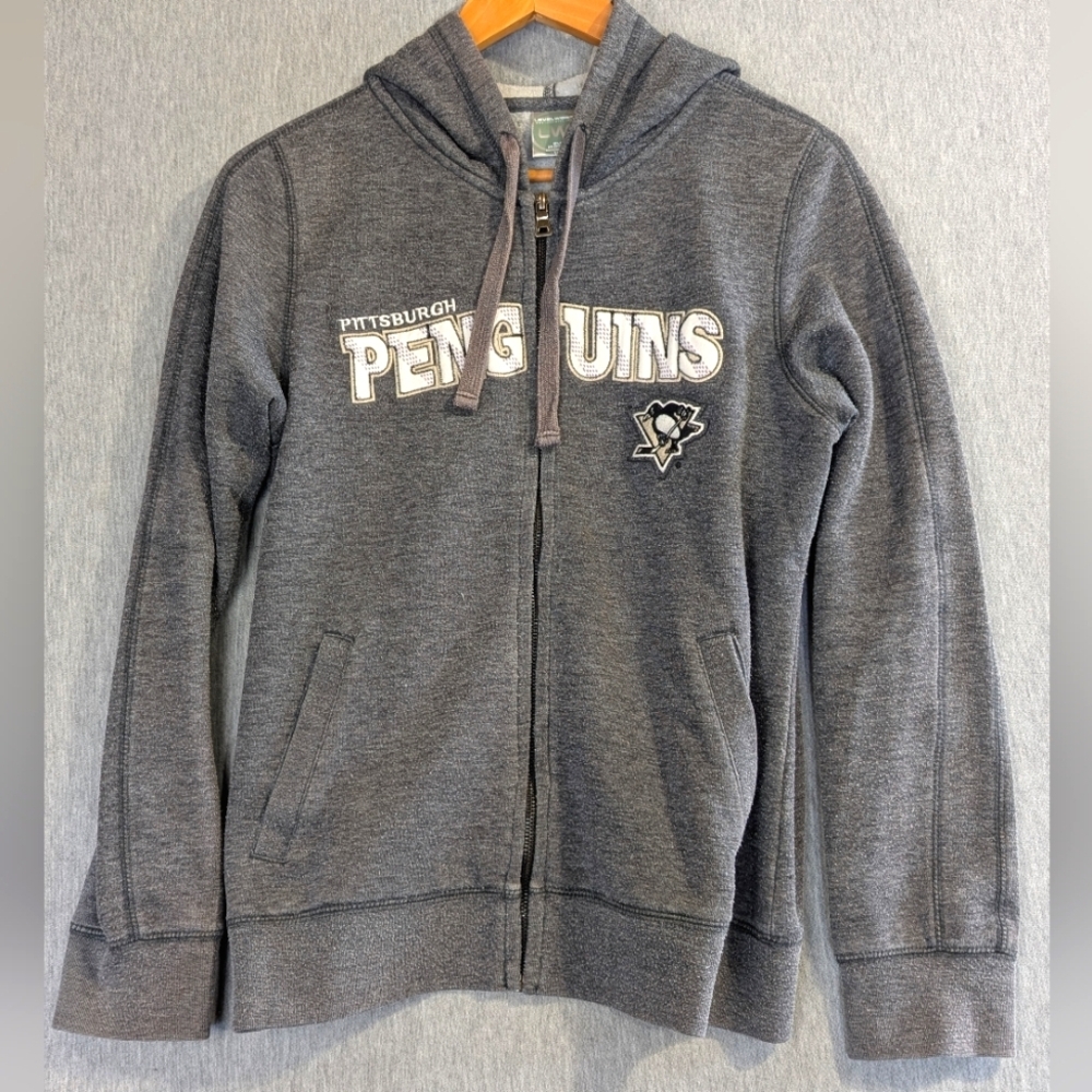 Pittsburgh Penguins Full Zip Hoodie Unisex Medium Gray White Hockey Levelwear
